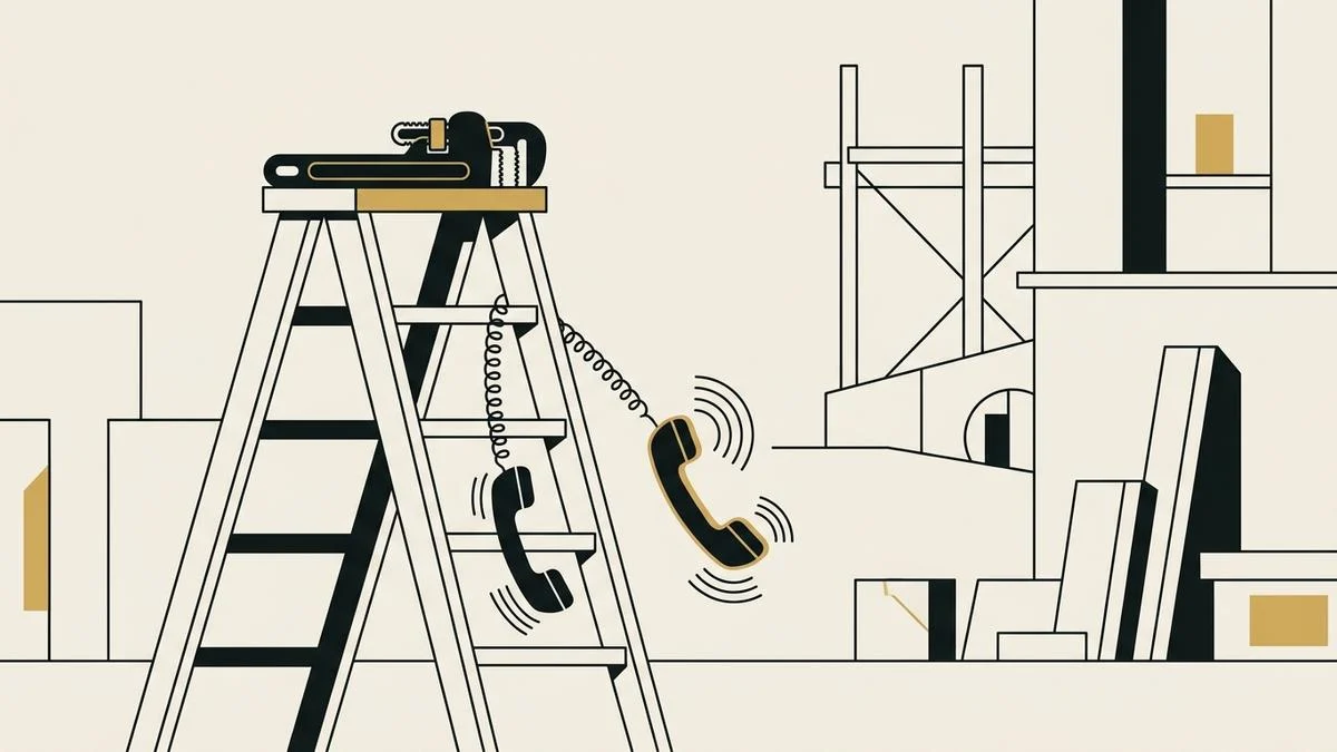 A telephone handset dangling from a stepladder on a job site, ringing, with a pipe wrench resting on the top step