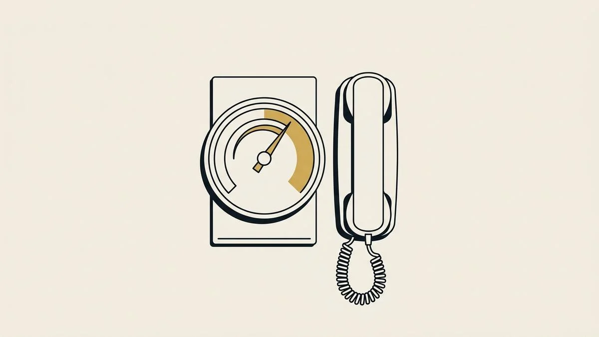 A round thermostat dial with a gold urgent zone next to a wall-mounted telephone handset, on bone paper