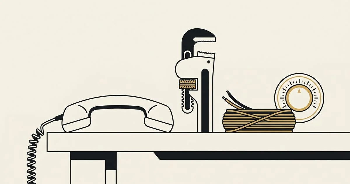 Line drawing of a telephone handset on a workbench beside a pipe wrench, a coil of gold wire, and a round thermostat dial, on bone paper.
