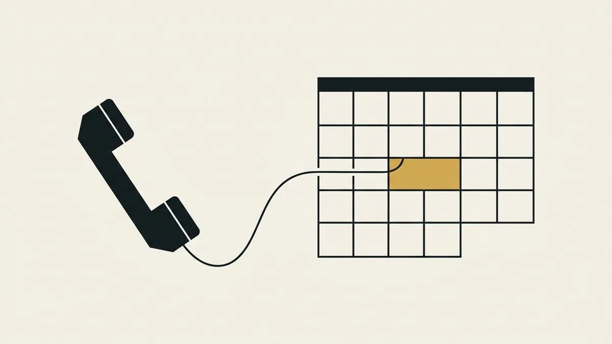 Un trait partant d’un combiné téléphonique qui aboutit à une seule plage remplie dans une grille de calendrier épurée