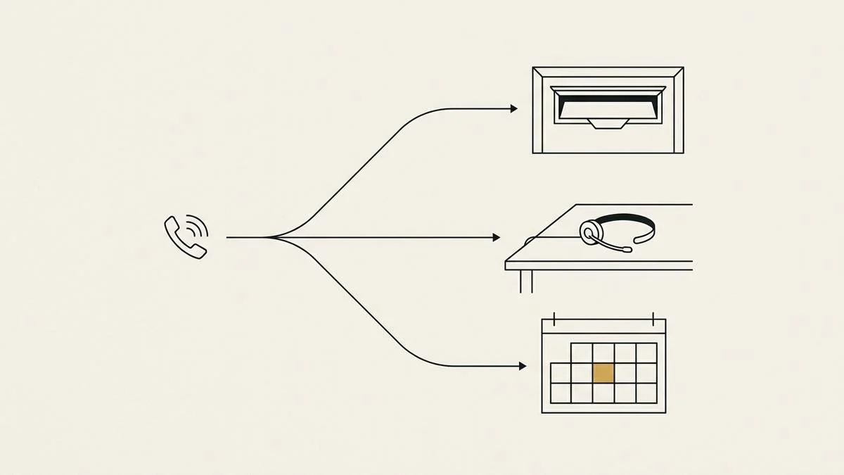 One phone call splitting into 3 lines: one ends at a closed mail slot, one at a headset on a desk, and one at a calendar with one day marked in gold
