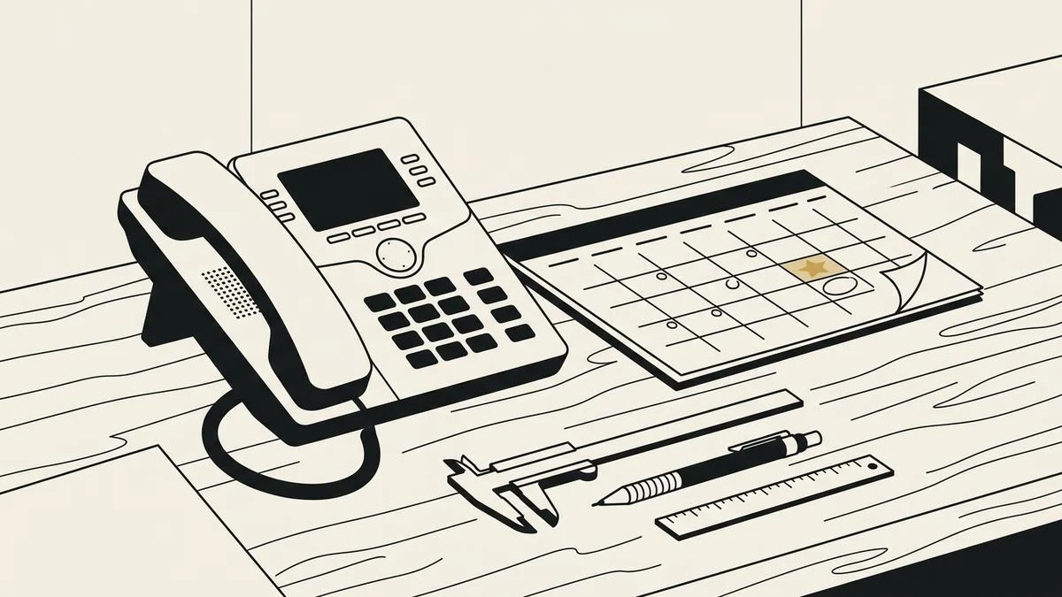 A desk phone on a workbench beside a wall calendar with one day marked in gold, with a ruler, a pencil, and calipers laid out below