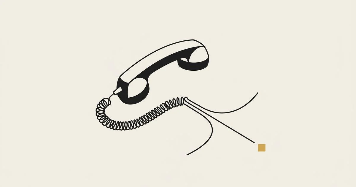 Line-drawn telephone handset whose coiled cord splits into 3 ink lines, one of them ending at a small gold square.