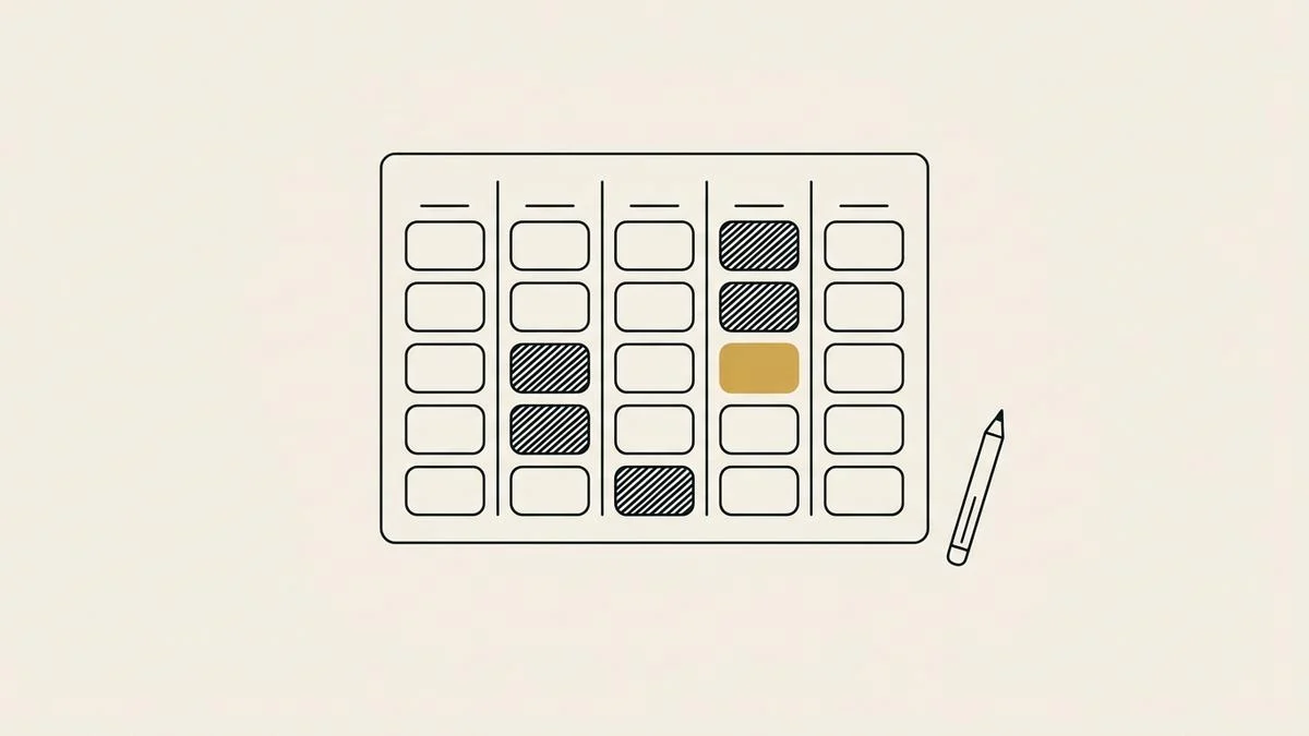 A weekly appointment grid drawn in black ink on bone paper, a few slots hatched as taken and one open slot filled in gold, with a pencil beside it