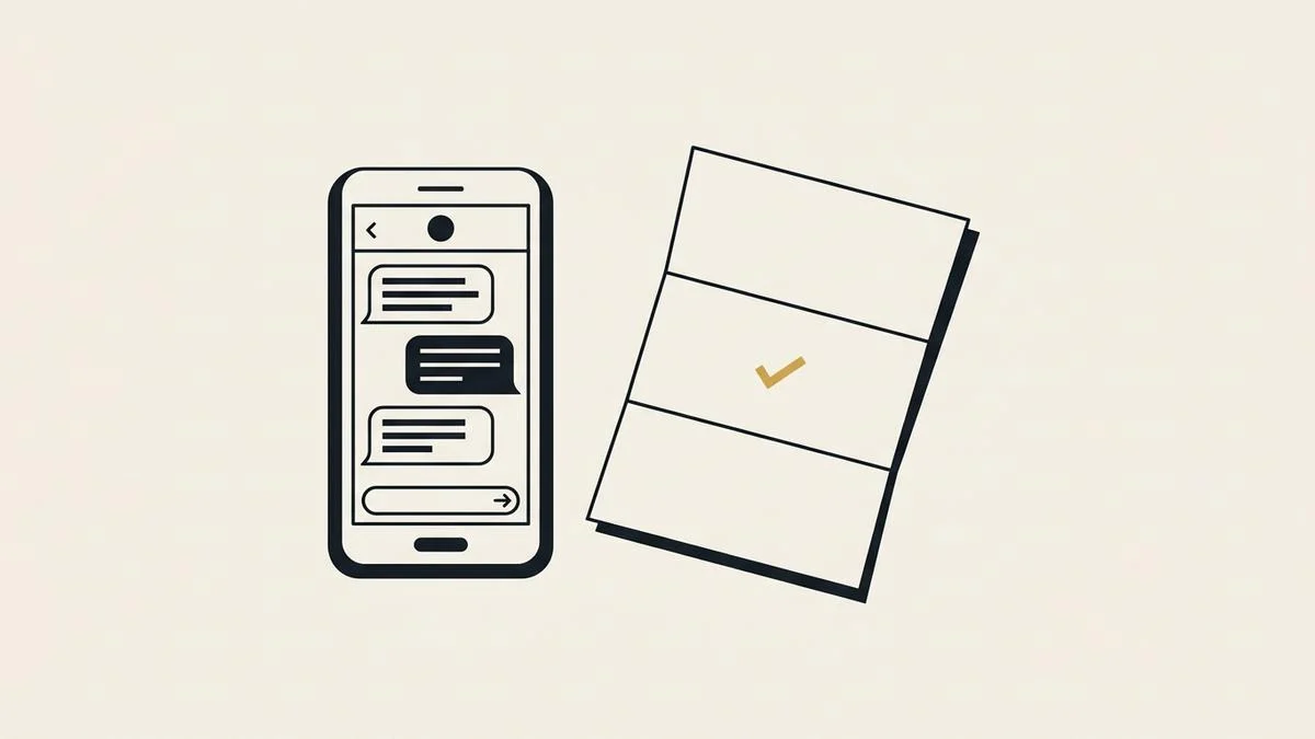 A mobile phone showing a short text conversation next to a folded paper note with a single gold check mark, drawn in black ink on bone paper