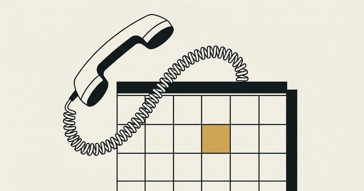 Line-drawn telephone handset whose coiled cord runs into a calendar grid on bone paper, one day square filled in gold.