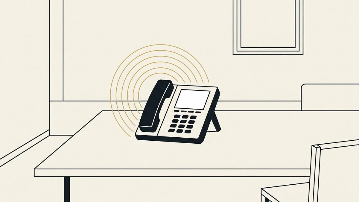 Un téléphone de bureau qui sonne, seul sur une table nue dans une pièce vide, des anneaux sonores dorés rayonnant du combiné