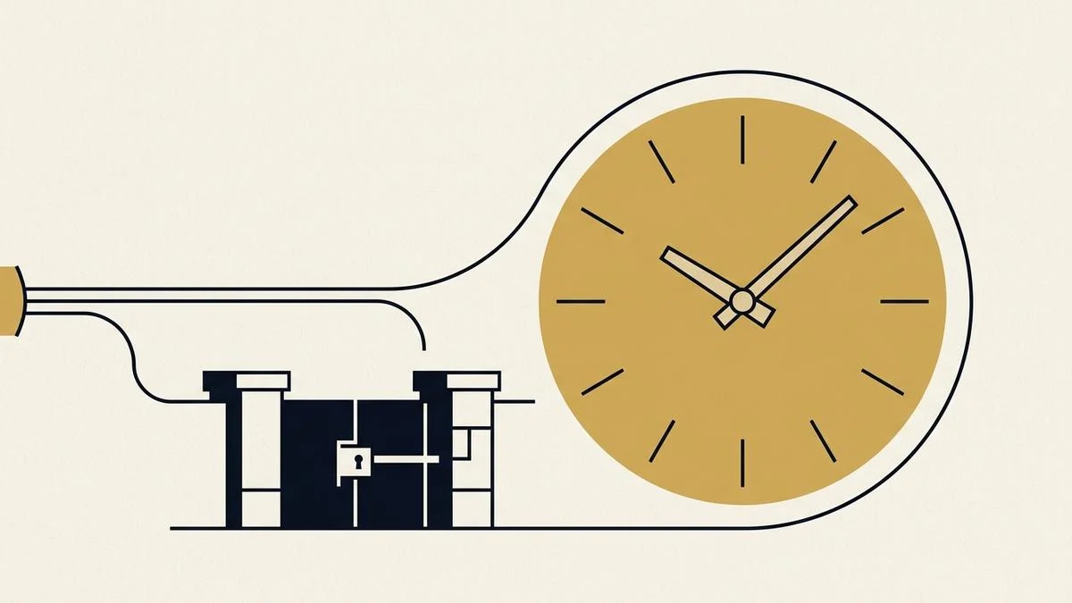 Une ligne téléphonique qui se termine à une barrière verrouillée pendant qu’une deuxième ligne continue sans interruption autour d’un cadran d’horloge doré