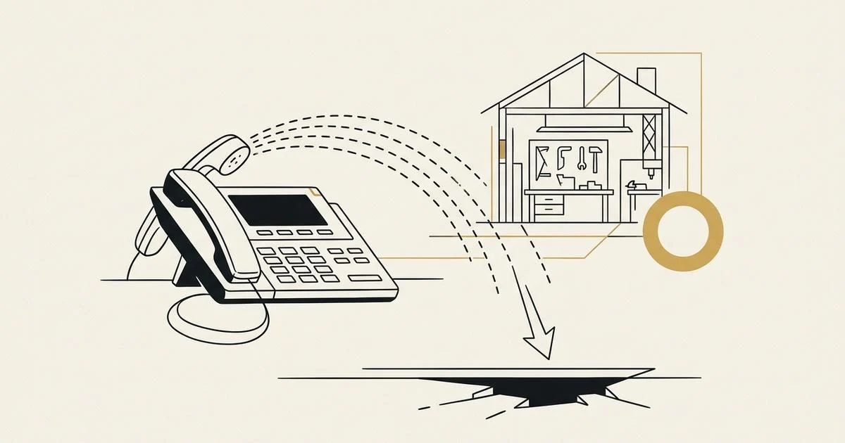 Téléphone de bureau dessiné au trait, des trajets d’appel arqués vers un atelier, un appel tombant dans une fissure du plancher.