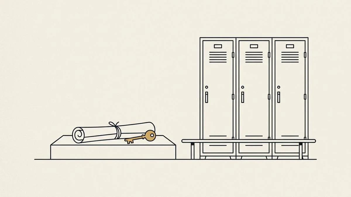 Line drawing of a rolled blueprint and a single gold key on a plinth beside three identical closed rental lockers.