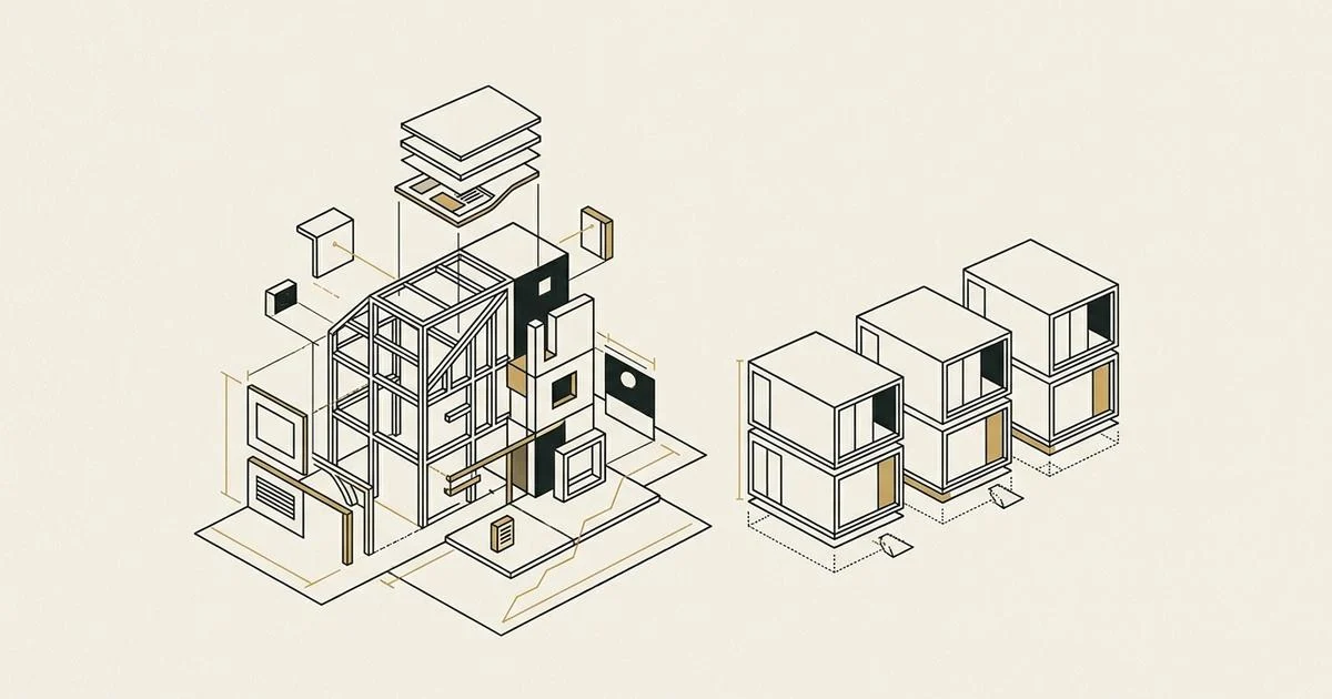 Line-drawn isometric of one custom structure exploded into its parts beside three identical prefabricated boxes, in ink and gold on bone paper.