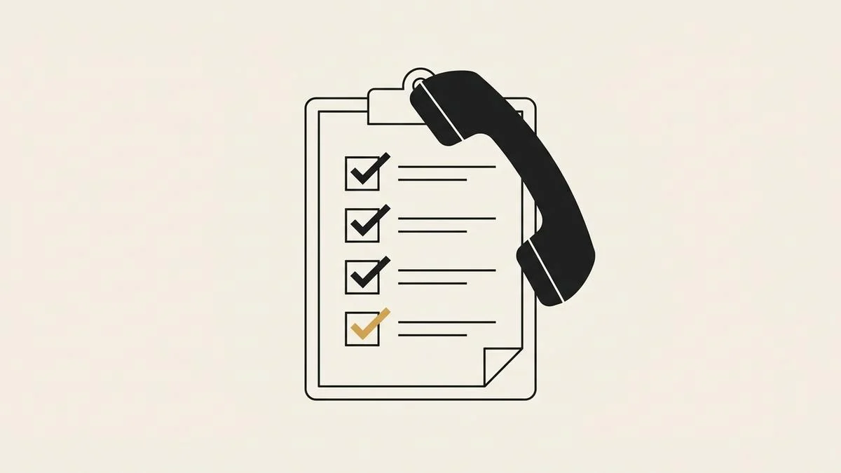 A telephone handset resting against a clipboard with ticked checkboxes, the last tick in gold