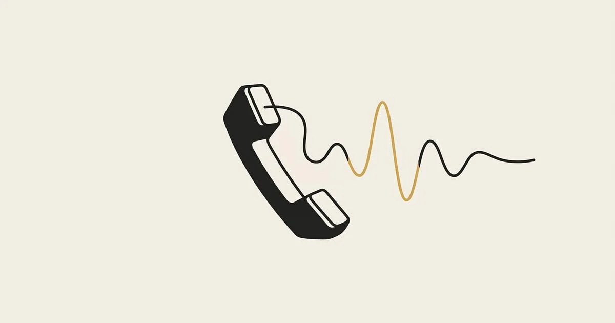 Line-drawn telephone handset on bone paper with a smooth sound wave flowing out of it, the tallest part of the wave in gold.