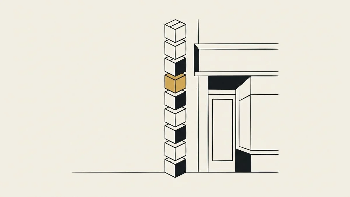 A tall stack of identical boxes beside a shopfront, one box in gold, standing for platform fees and app charges that pile up month after month