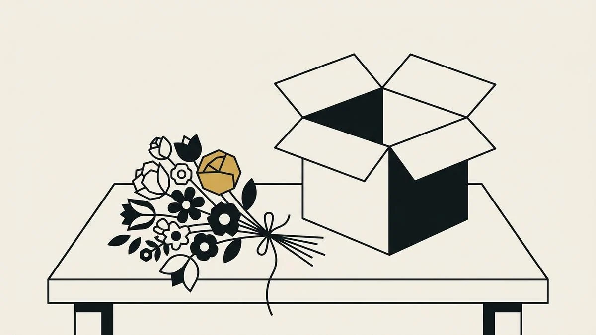A handmade bouquet on a workbench beside an open shipping box, one flower in gold, standing for a custom store built around how one shop sells