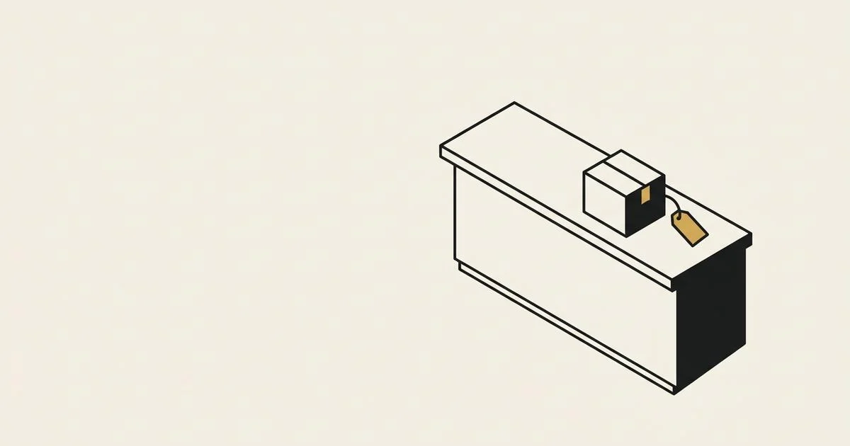 Line drawing of a shop counter with a sealed parcel on top and a gold price tag hanging from it on a string, in ink on bone paper.