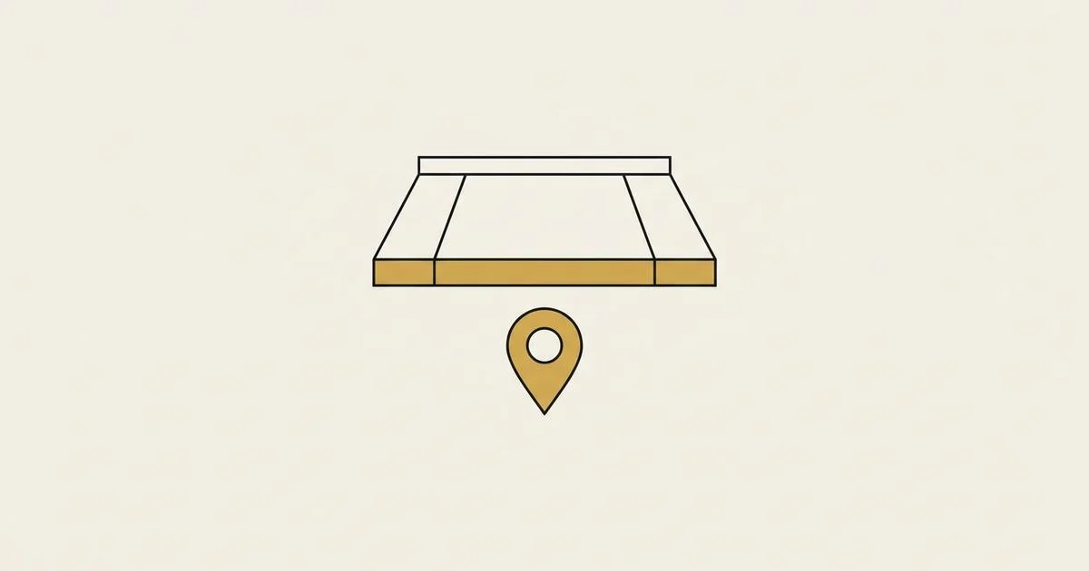 Line-drawn storefront awning with a single gold map pin resting beneath it, in ink and gold on bone paper.