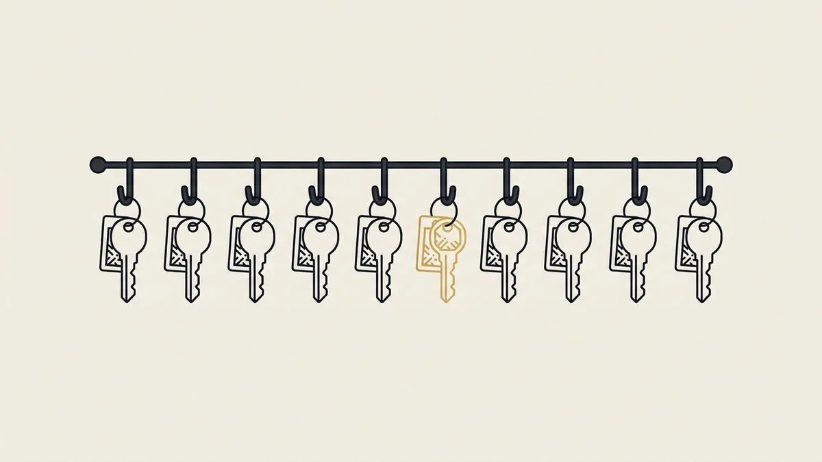 Une rangée de clés identiques suspendues à des crochets, dont une dessinée en or, symbole des renouvellements annuels du domaine, de l’hébergement et des licences logicielles