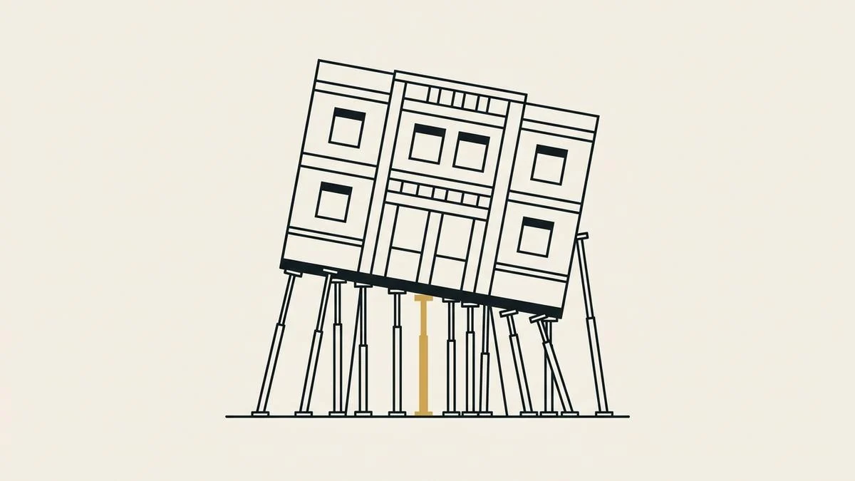 Une façade d’immeuble penchée, soutenue par de nombreux étais minces et distincts de hauteurs différentes, dont un dessiné en or, symbole d’un site Web qui dépend de nombreuses extensions