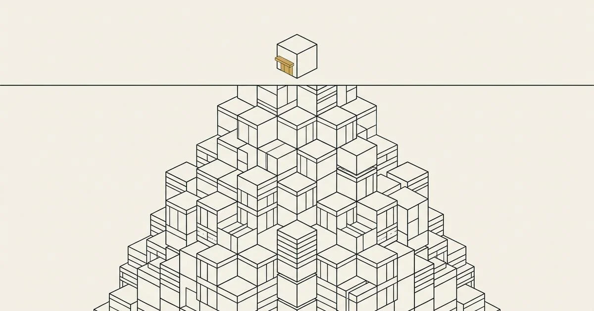 Line drawing of one small block resting above a horizontal line, with a much larger pyramid of stacked blocks hidden below it, in ink and gold on bone paper.