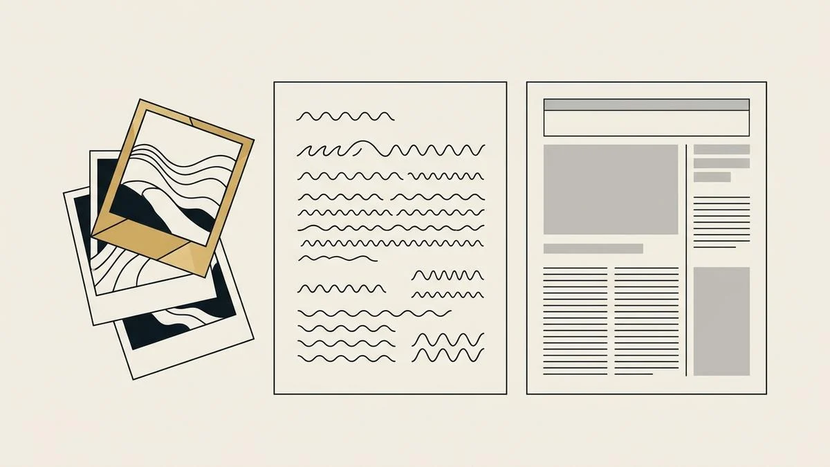 A stack of photographs, a page of loose notes, and a finished page layout side by side, one photo framed in gold, standing for the owner content a website build waits on