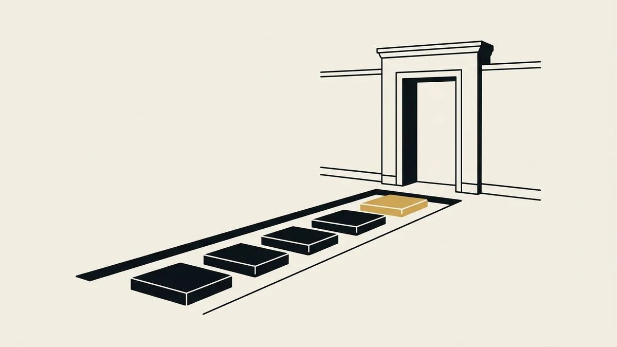 5 stepping stones leading to an open doorway, the last stone in gold, standing for the steps that get a website live