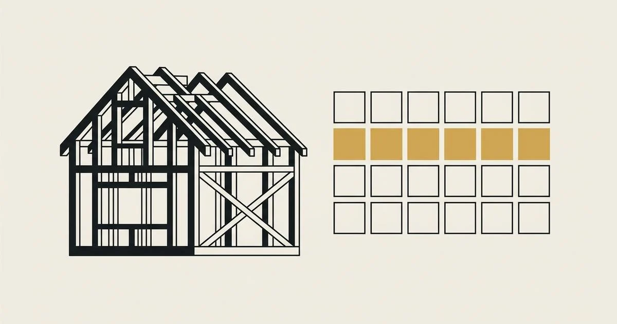 Line drawing of a timber house frame under construction beside a grid of empty calendar squares, one row filled in gold, in ink on bone paper.