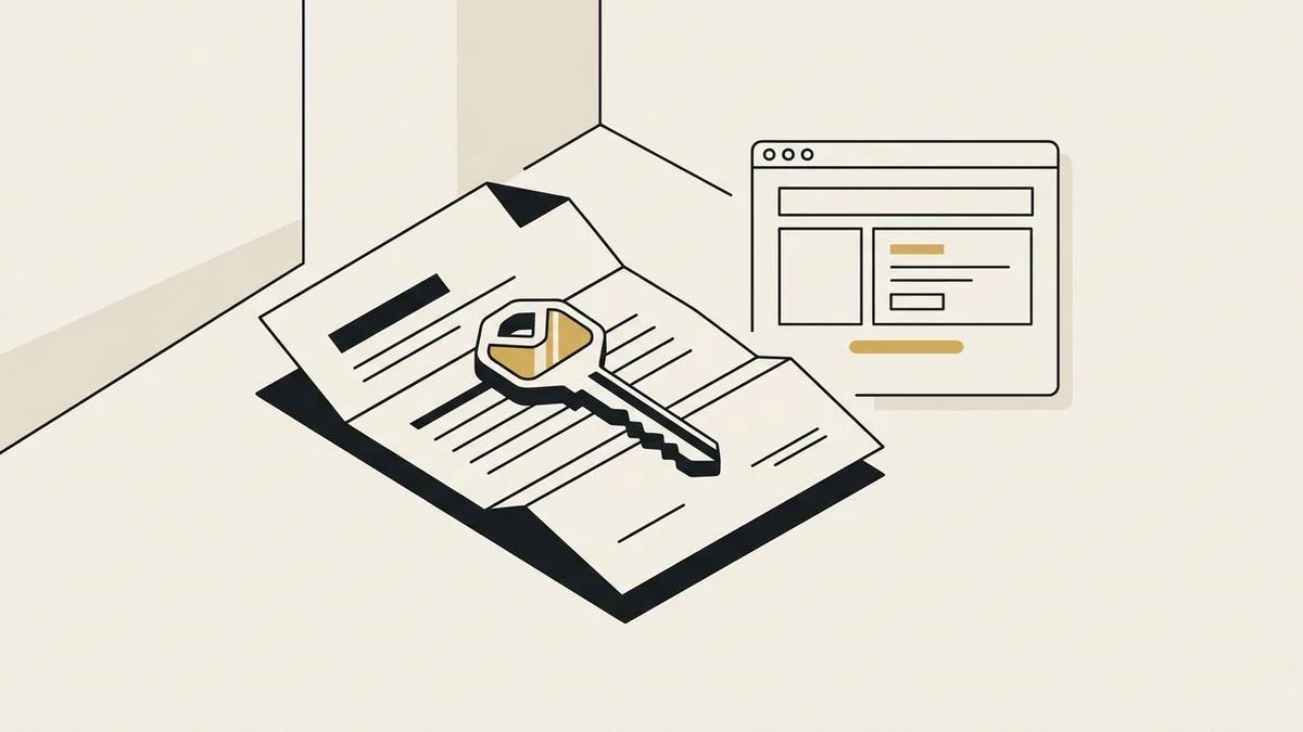A gold key resting on a folded contract beside the outline of a browser window, standing for owning the domain and the code of a website