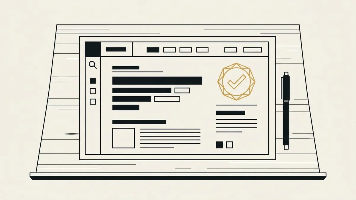 A finished web page laid on a drafting table with a gold approval seal and a pen beside it, standing for approving a website before it goes live
