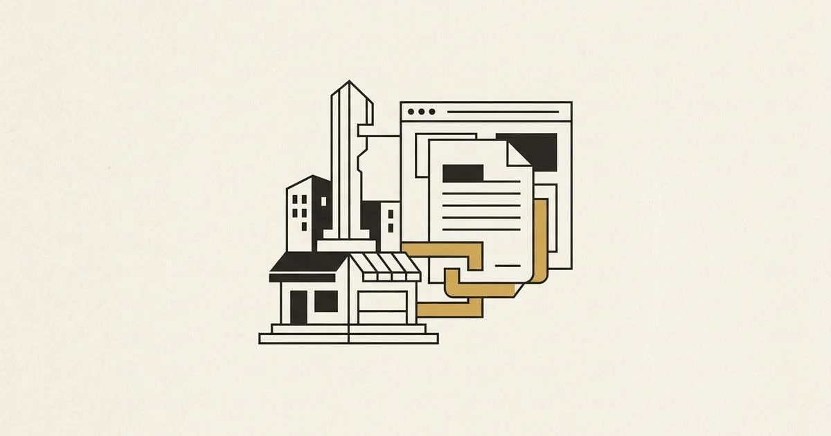 Line drawing of a storefront and a tall key-shaped tower beside a browser window and a contract, joined by a gold link, in ink on bone paper.