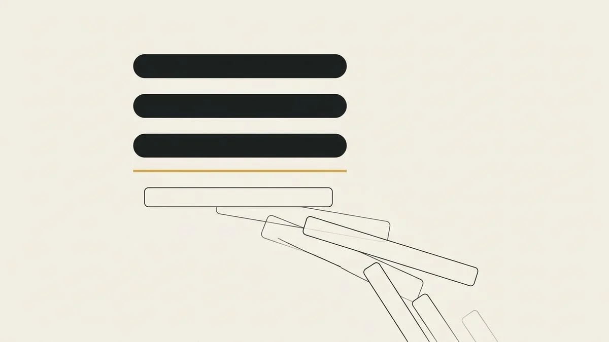 Trois barres pleines au-dessus d'une mince ligne dorée, les autres barres en contour glissant sous cette ligne, pour illustrer une courte liste de trois