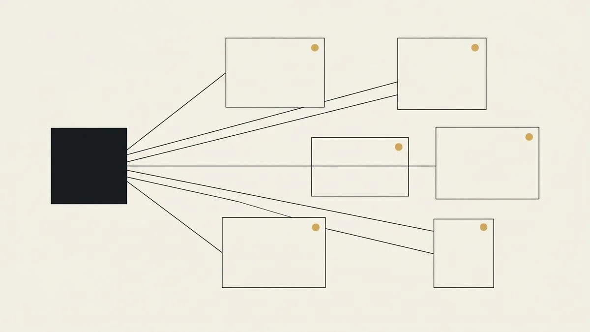 Un carré plein relié par de fines lignes à cinq rectangles en contour, chacun portant un petit repère doré, pour illustrer une page par ville desservie