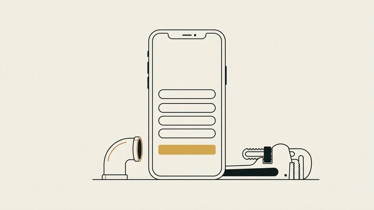 A phone outline showing blank form fields and a gold button, with a copper pipe elbow and a pipe wrench beside it, standing for a quote request form on a plumber's website