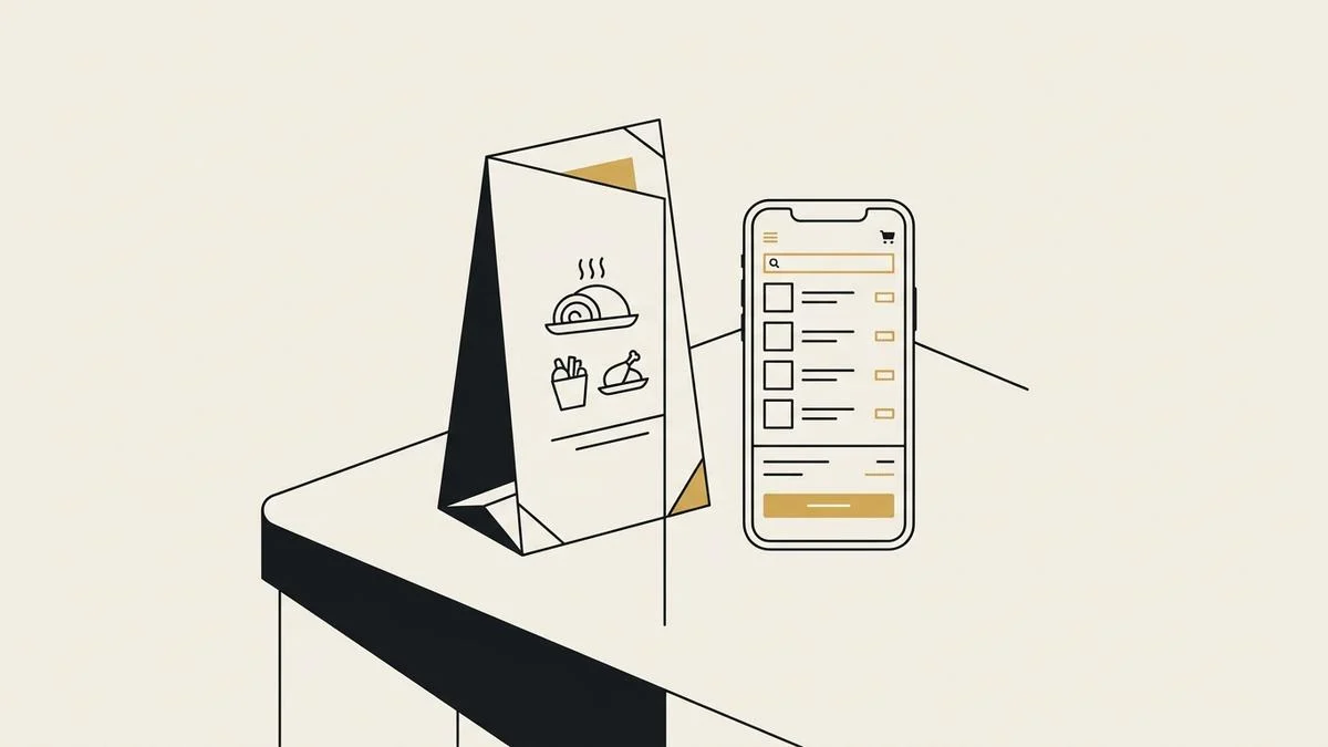 A folded menu card standing on a table beside a phone outline showing an order screen with a gold button, standing for a menu and online ordering on a restaurant website