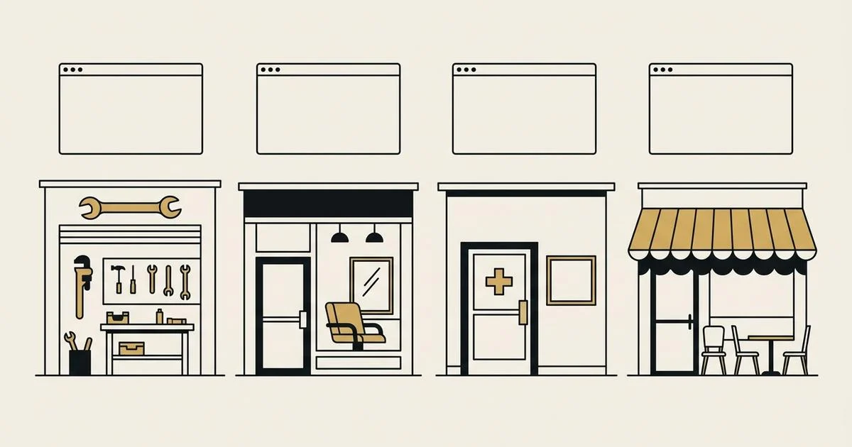 Line drawing of 4 storefronts in a row, a plumber's workshop, a salon, a clinic, and a restaurant with a gold awning, each with an empty browser window above it, in ink on bone paper.