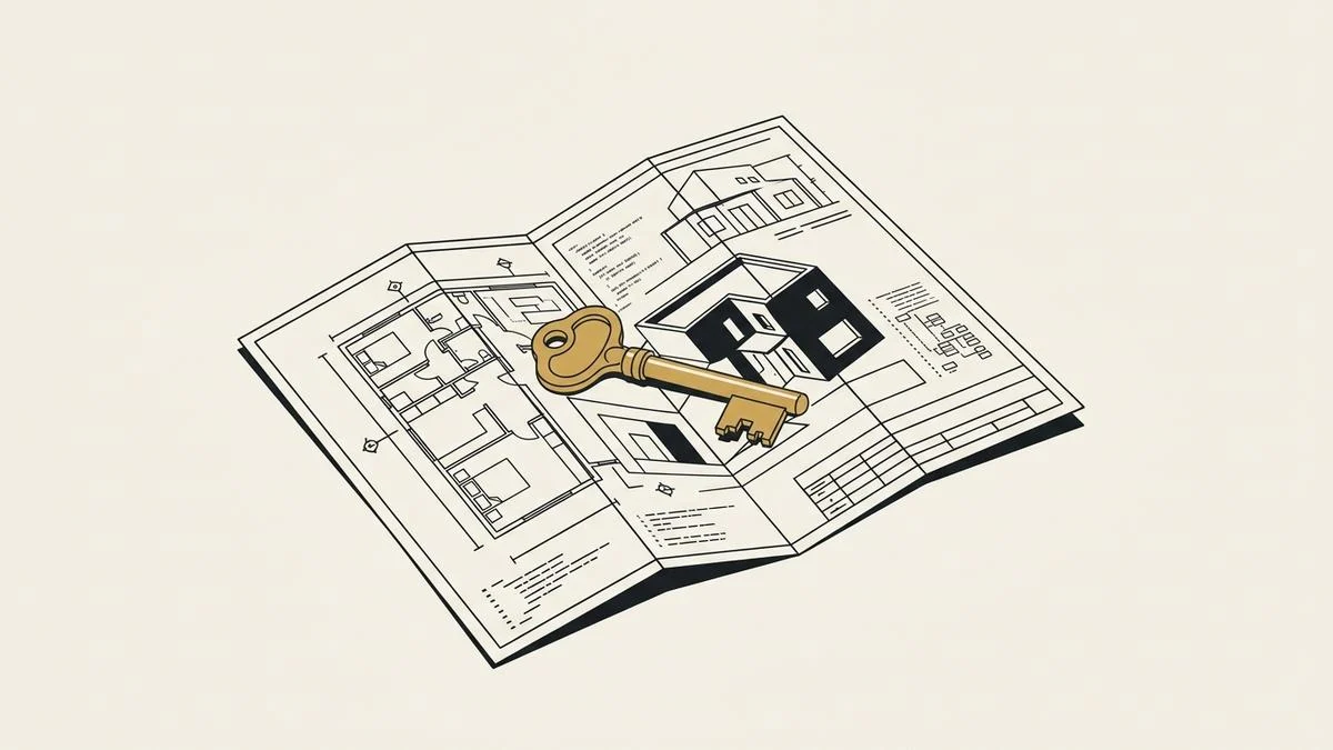 A single gold key resting on a folded architectural blueprint of a small building, standing for ownership handed over on final payment