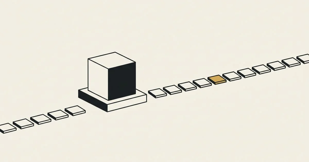 Line-drawn solid block on a plinth set into a long row of small identical tiles, one tile picked out in gold, on bone paper.
