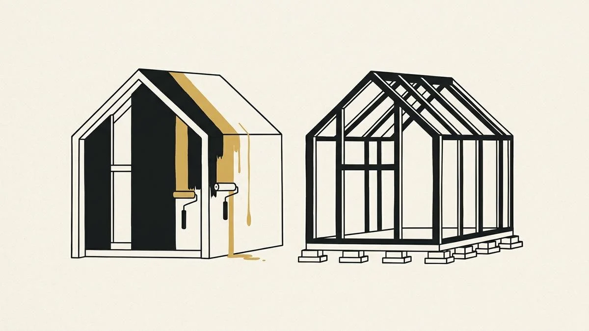 Deux contours à l’encre de la même petite maison, côte à côte, l’une repeinte d’une bande dorée, l’autre ramenée à sa charpente et à ses blocs de fondation