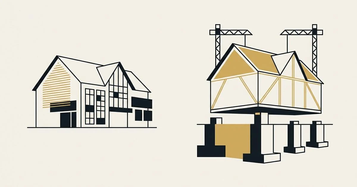 Deux dessins à l’encre d’une maison sur papier ivoire, l’une avec sa façade refaite, l’autre soulevée par des grues au-dessus de nouveaux blocs de fondation, avec des touches d’or.