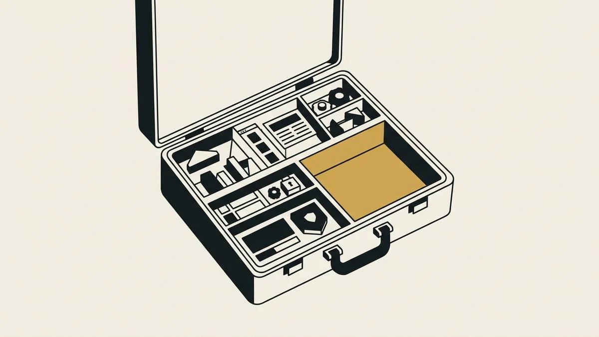 An open carrying case with fitted compartments holding dark geometric pieces, one large compartment empty and lined in gold, standing for what a website price leaves out