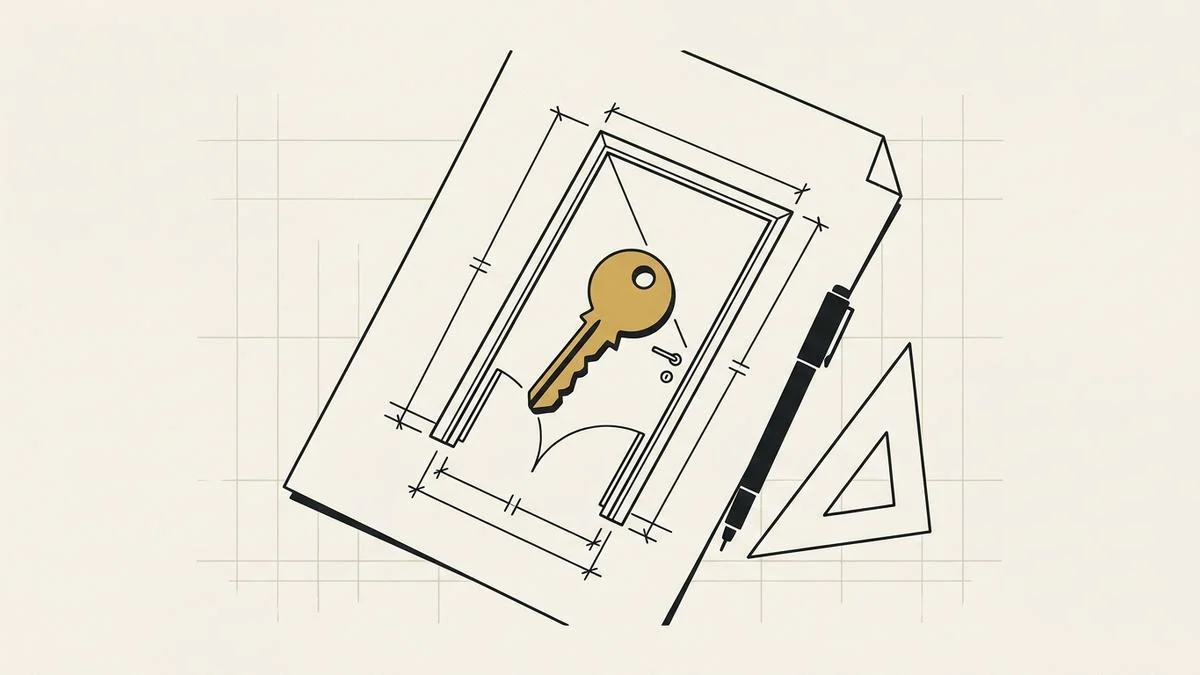 A gold key resting on an architect's drawing of a doorway, beside a pen and a set square, standing for owning the code and the domain of a website