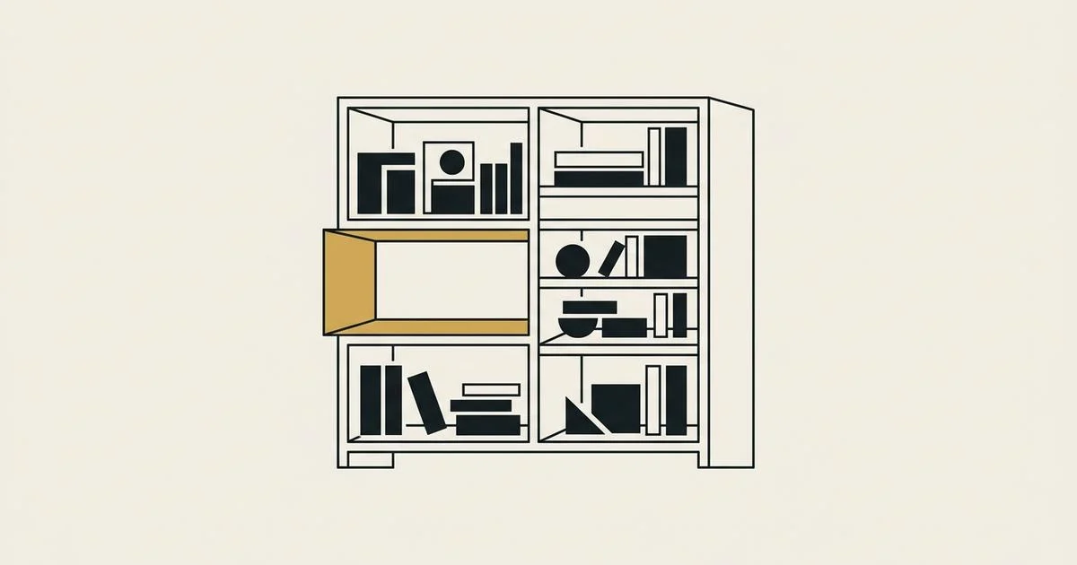 Line-drawn cabinet with shelves filled by dark geometric blocks and one shelf left empty and lined in gold, on bone paper.