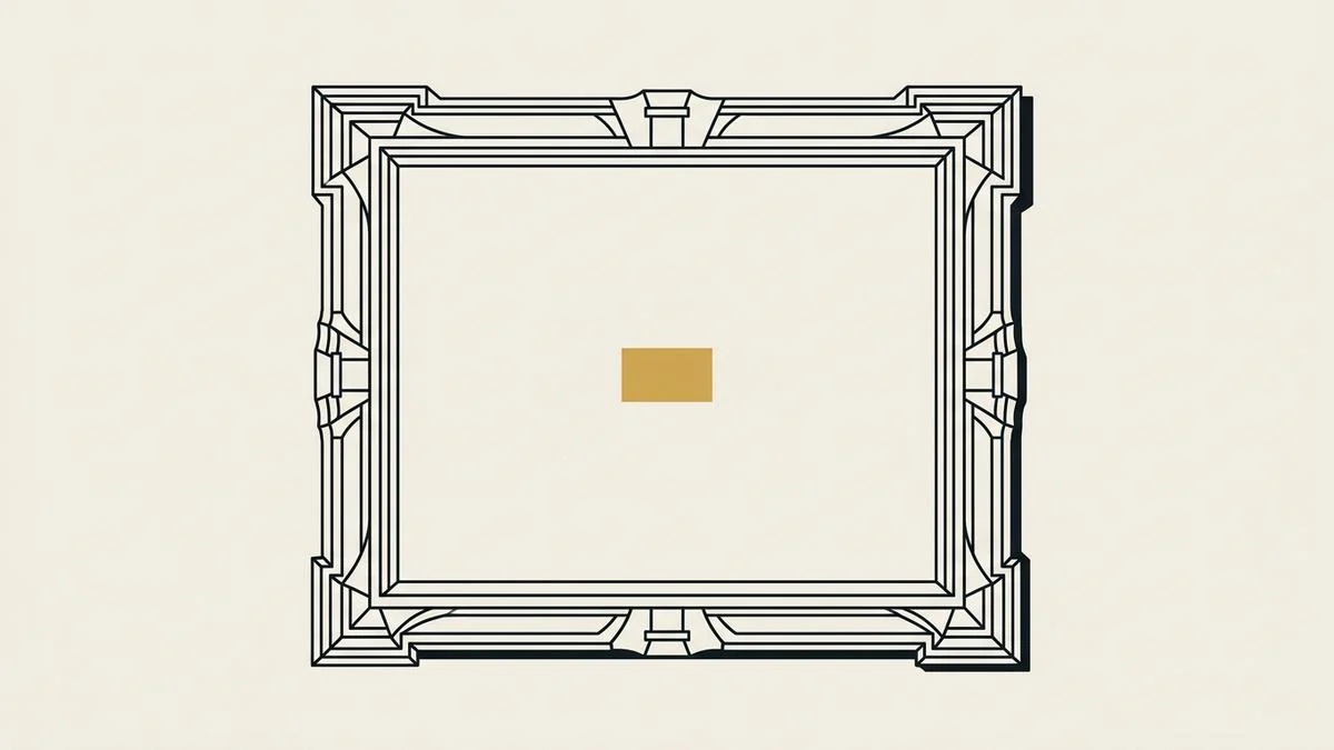 A large ornate empty picture frame drawn in ink with one small gold rectangle at its centre, standing for a big price around a small deliverable