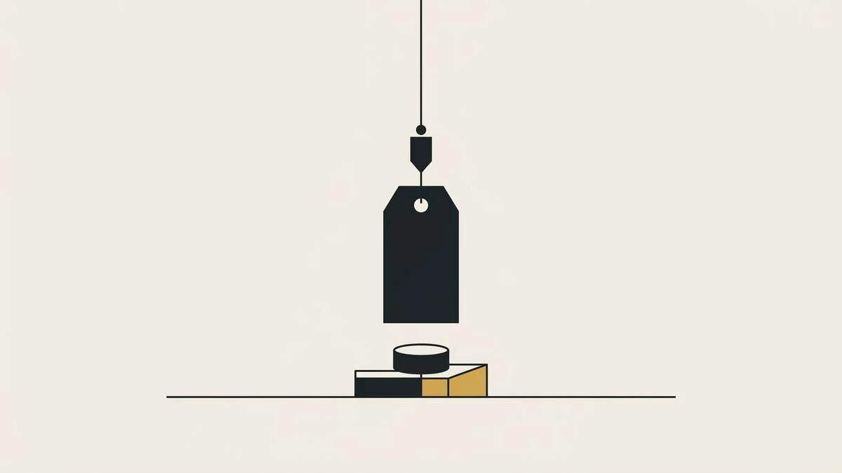 A single black price tag hanging straight from a plumb line above a small geometric base, drawn in ink and gold on bone paper