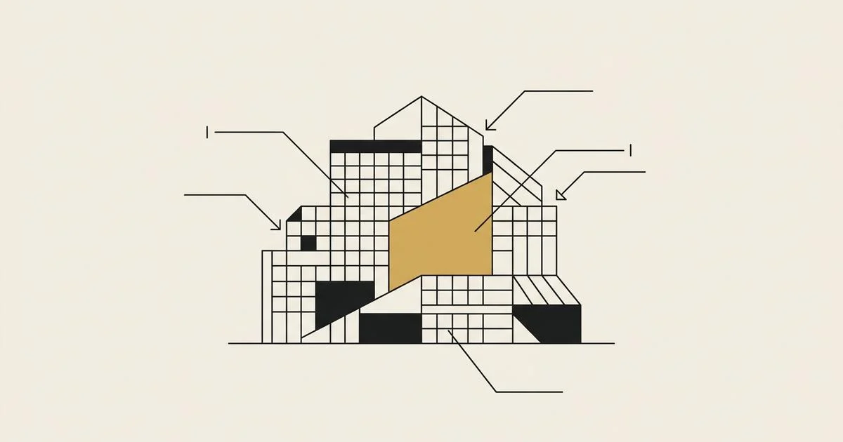 An architectural block diagram of a building drawn in ink on bone paper, one panel filled in gold, with annotation lines pointing at its parts.