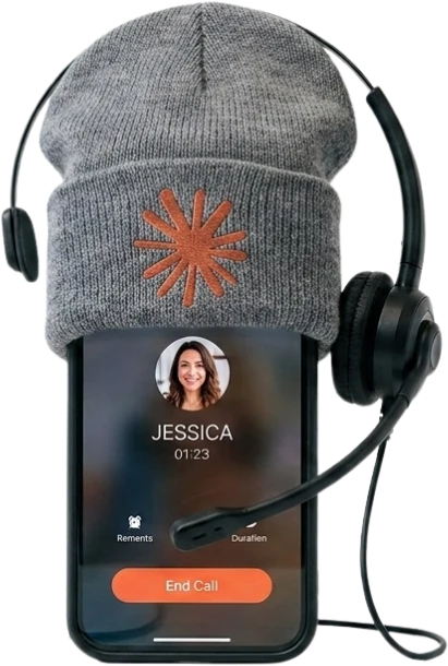 AI voice agent answering a business call on a phone wearing a headset