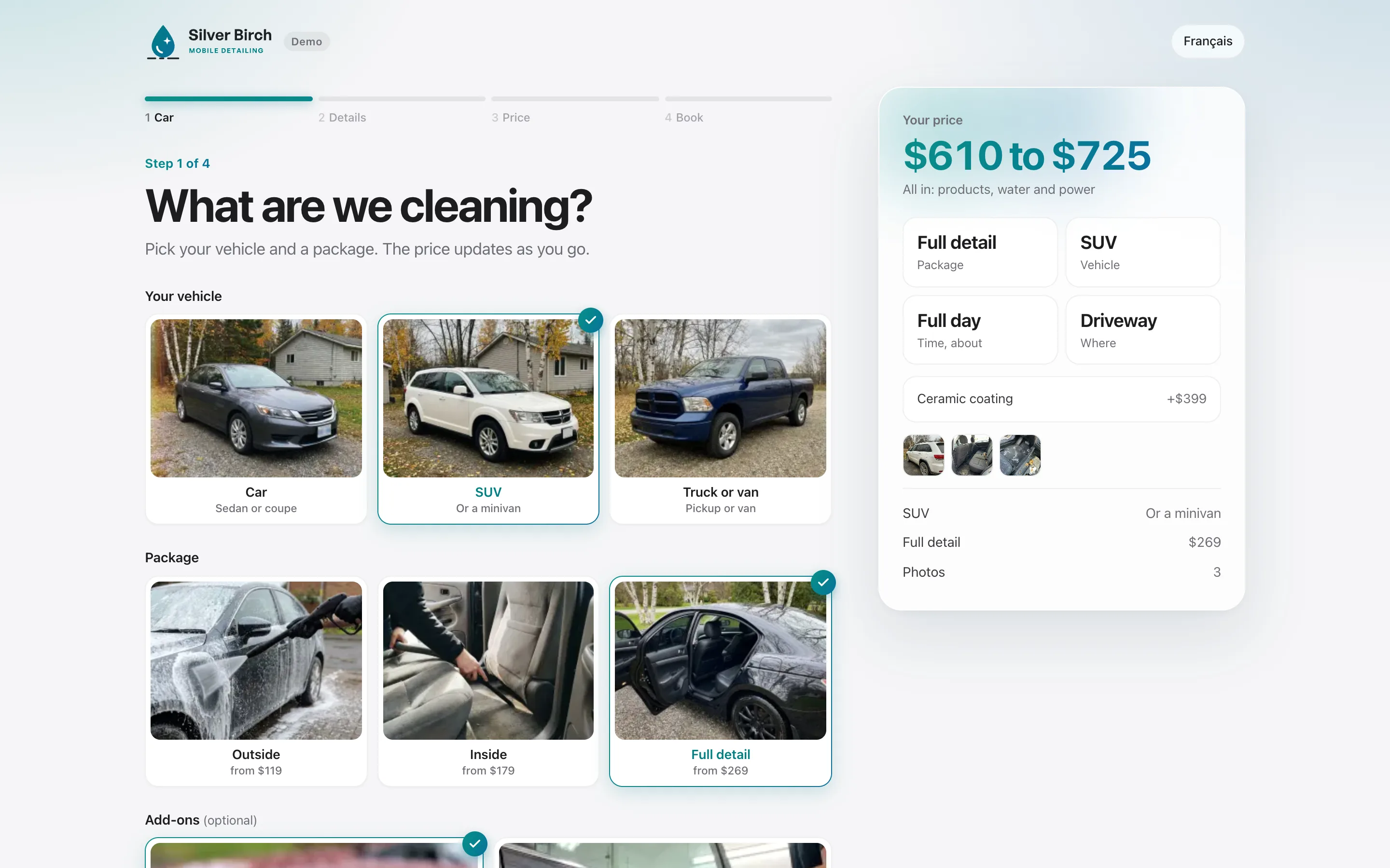 The price tool on a laptop: an SUV and a full detail picked, and a live price on the right