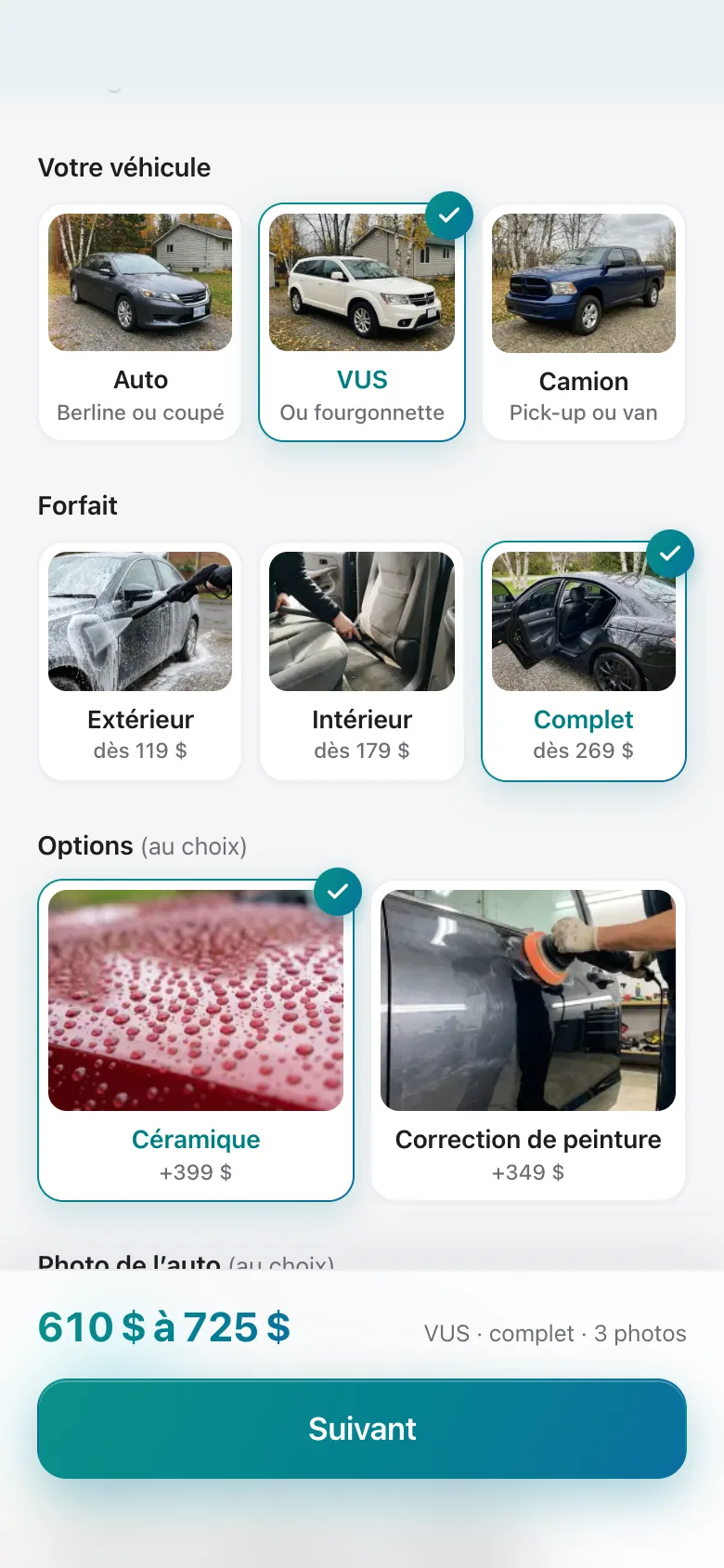 Le premier écran sur un téléphone : un VUS, un forfait complet et la céramique choisis, et le prix en bas