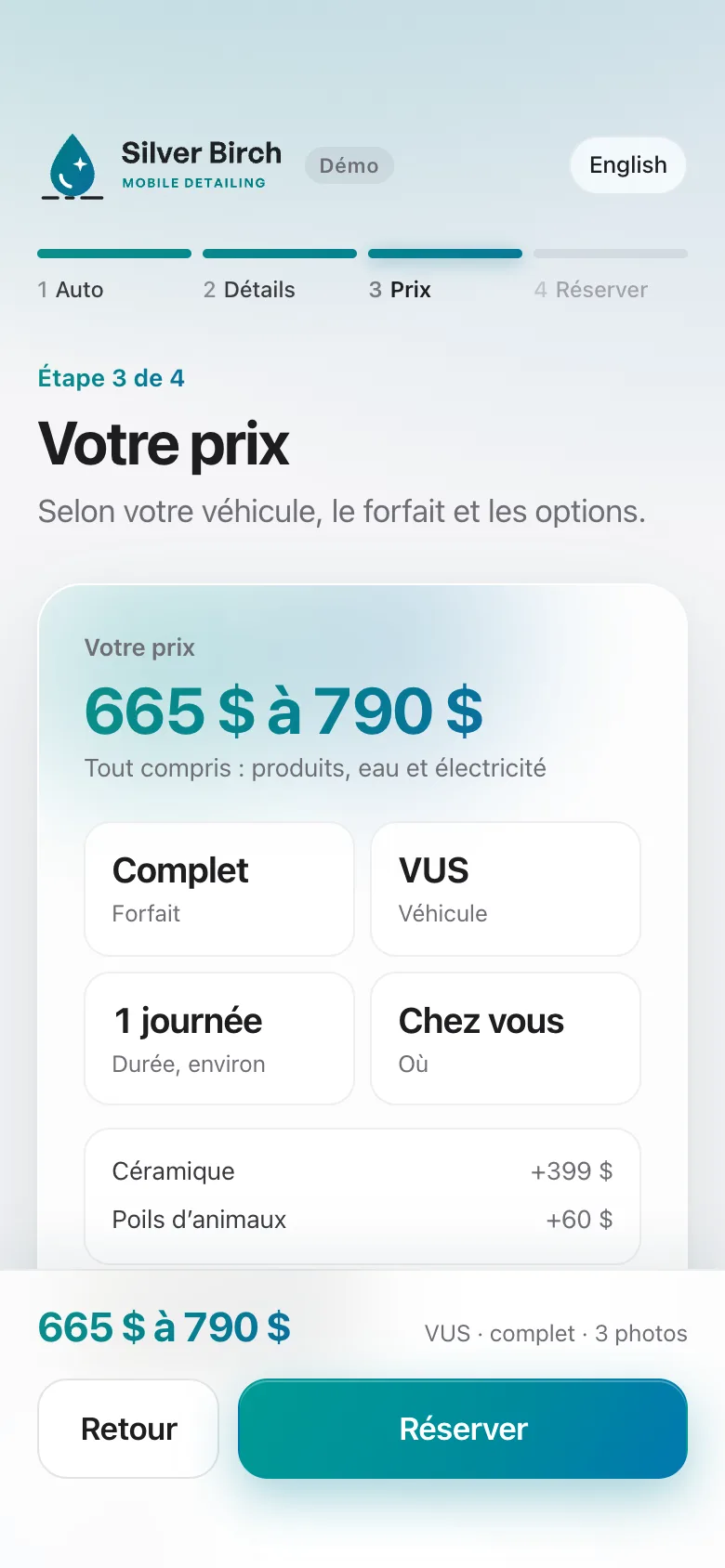 L’écran du prix sur un téléphone : 665 à 790 dollars pour un forfait complet sur un VUS, avec céramique et poils d’animaux