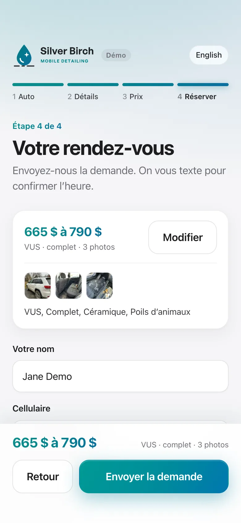 L’écran de réservation sur un téléphone : le prix, trois photos de l’auto et la liste, avec un nom et un numéro d’exemple